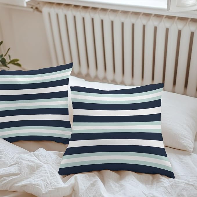 Aqua Navy Blue Striped Outdoor Pillow Covers Waterproof, All Weather Cushion Case Set of 2, Modern Abstract Lines Geometric Decorative Pillowcases for Sofa Couch Bed Decor Patio Furniture 16"x16"