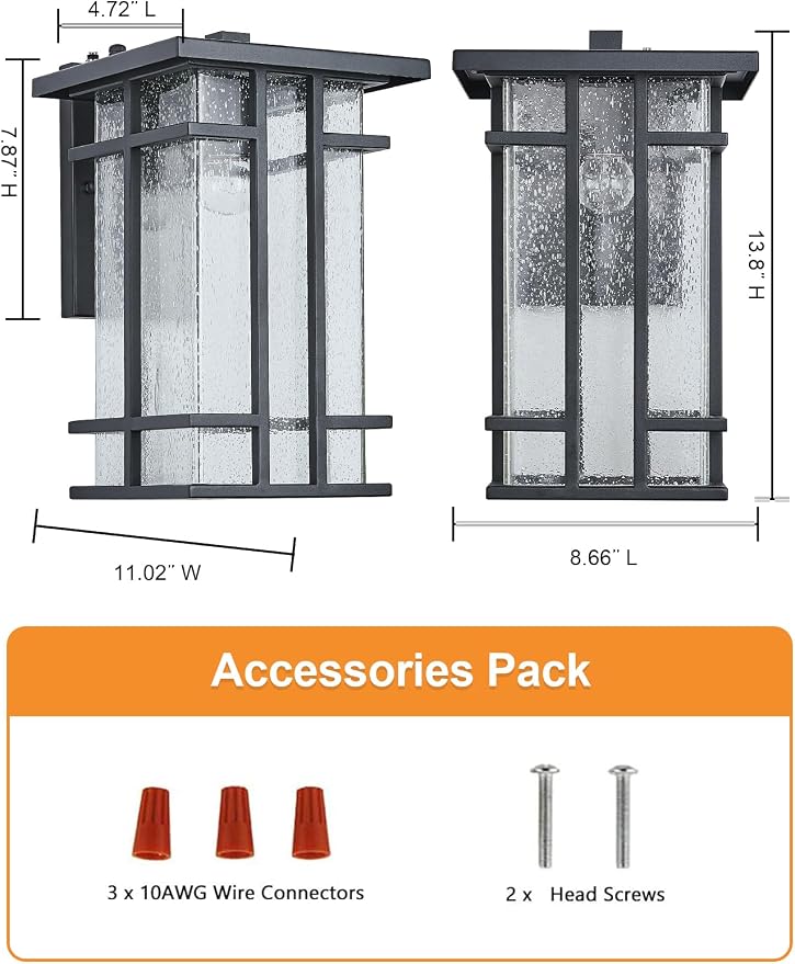 Rustic Dusk to Dawn Outdoor Wall Light Fixture 13.8"H Waterproof Exterior Wall Sconces Black Metal with Seeded Glass Sensor Outdoor Wall Lantern for House Patio Porch,Entryway,Garage Wall Lamps