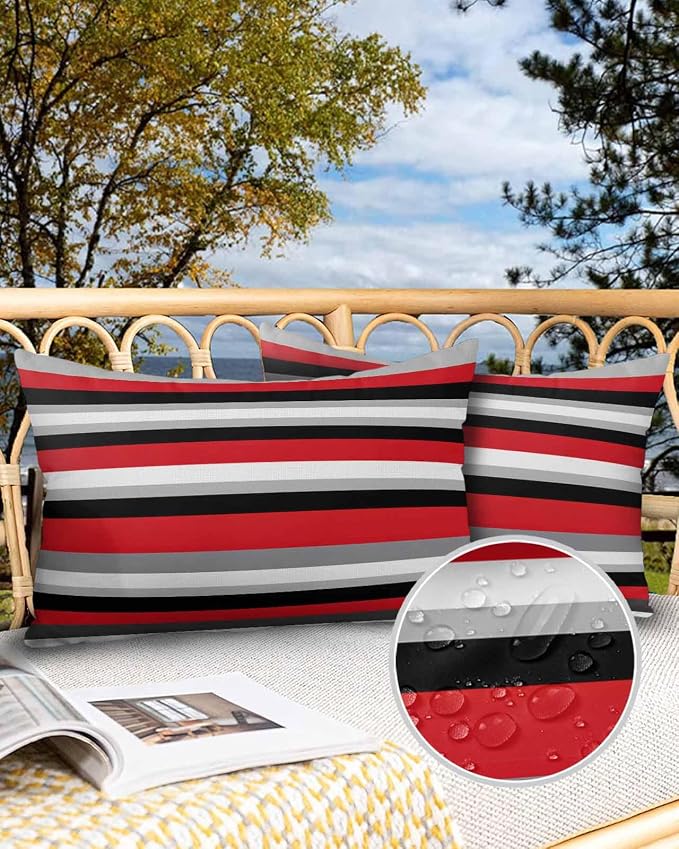 Pack of 2 Red Black Grey Stripes Outdoor Pillow Waterproof Covers 20x12 inch, Geometric Mexican Style Polyester Throw Pillow Covers Garden Cushion Decorative Case for Patio Couch Decoration