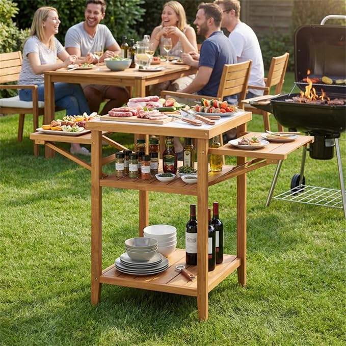 Acacia Wood Outdoor Grill Table with Drop Leaf, Faux Marble BBQ Prep Station for Patio Backyard, Folding Side Shelf Portable Camping Kitchen Table, Portable Grill Table for Patio, Kitchen