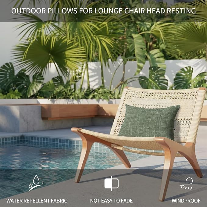 Outdoor Lumbar Pillow Set of 2, Dark Green Waterproof Beach Headrest Pillow with Inserts, Farmhouse Vintage Green Solid Color Modern Recliner Throw Pillows for Patio Furniture, 12 x 20