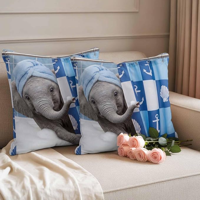 Bathing Elephant Waterproof Outdoor Pillow Covers Set of 2 Home Decor, Funny Animal Showering Pillowcase Patio Pillow Covers for Couch Bench Patio Furniture Garden 16x16in