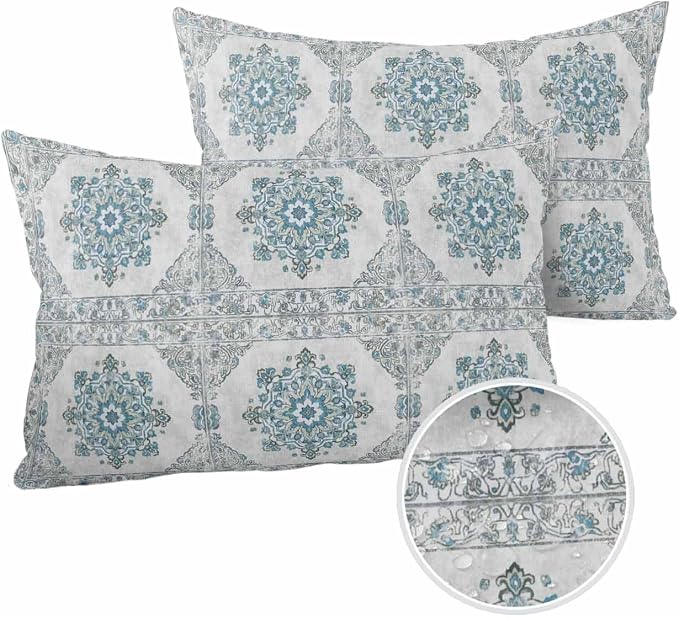 Waterproof Throw Pillow Covers for Couch Patio Living Room Furniture Garden Balcony, Retro Ethnic Floral Texture Style Blue Rectangle Cushion Cases Home Decorations, 20 x 12 Inch Set of 2