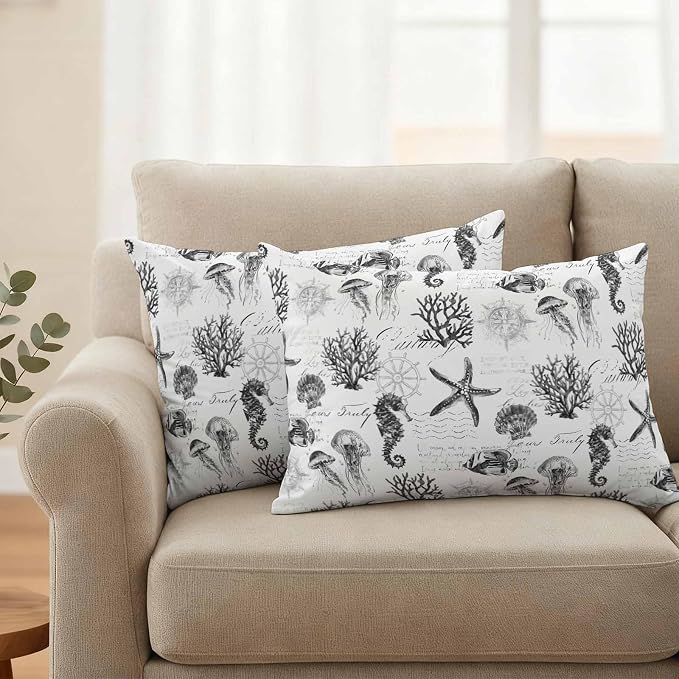 Gray Coastal Waterproof Outdoor Pillow Covers Set of 2 Home Decor, Retro Nautical Starfish Coral Jellyfish Pillowcase Patio Pillow Covers for Couch Bench Furniture Garden 20x12in
