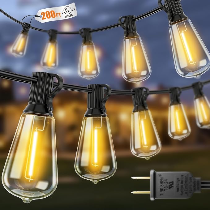 VOLIVO 200FT Outdoor String Lights for Patio, Waterproof Hanging Lights | 65+2 Shatterproof ST38 Edison Bulbs, Dimmable & Connectable Outside String Light for Backyard, Deck, Porch, Balcony