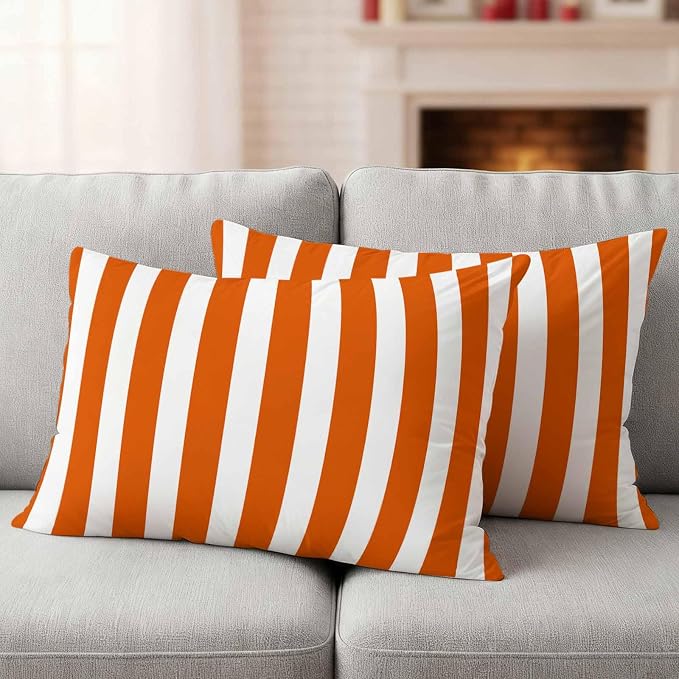 Burnt Orange Striped Outdoor Waterproof Throw Pillow Covers 20x12 Set of 2, Thanksgiving Orange White Stripes Decorative Pillowcases Cushion Pillowcase for Couch Sofa Patio Outside Pillow Protector