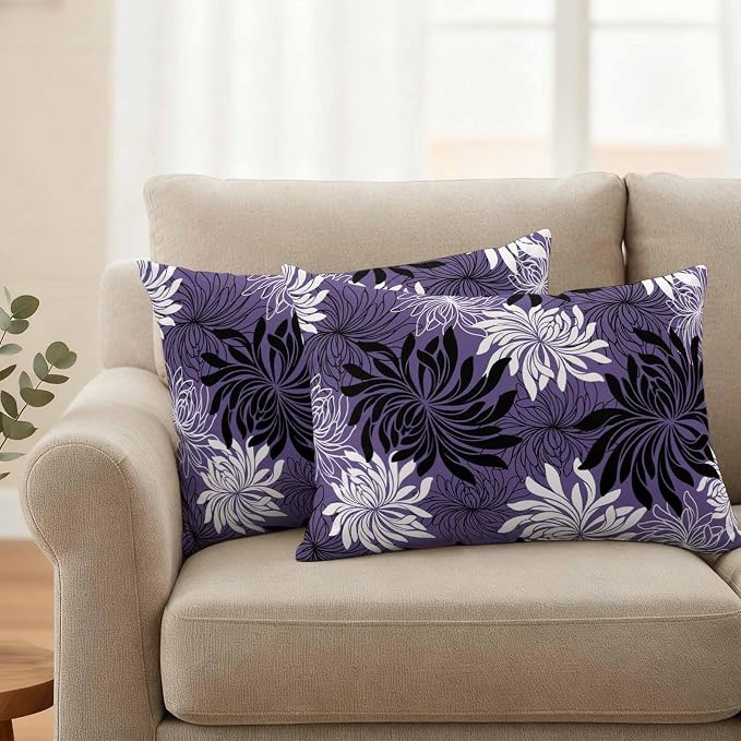 Yukro Purple Black Floral Outdoor Waterproof Pillow Covers Pack of 2, Vintage White Black Flower Purple Decorative Throw Pillowcases Cushion Covers for Garden Patio Tent Sofa Couch, 20x12 inch