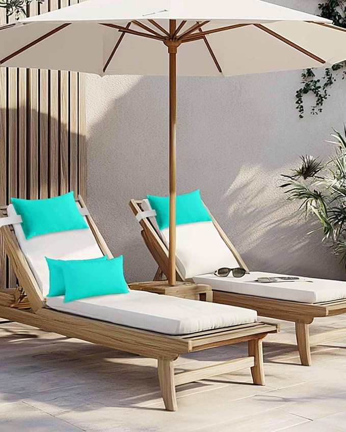 Chaise Lounge Chair Pillow with Strap & Insert Teal Green Pattern Outdoor Recliner Head Pillow Pack of 2 Pure Colour Waterproof Headrest Patio Lumbar Pillow for Beach Pool Office Chair 12x20 Inch