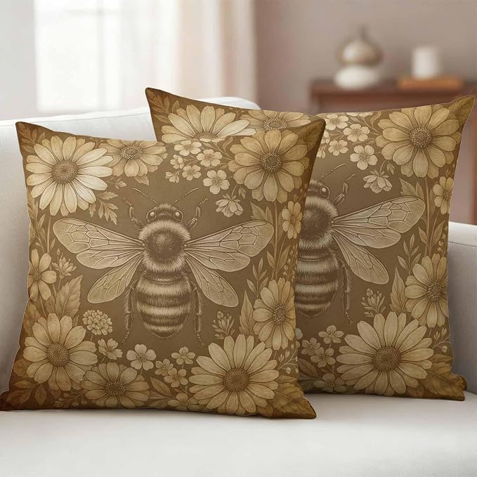 Outdoor Pillow Covers Waterproof, Brown Bee Decorative Square Throw Pillowcases Patio Cushion Covers for Tent/Garden, 16" x 16" 2 Pack, Farmhouse Vintage Animals Botanical Flowers