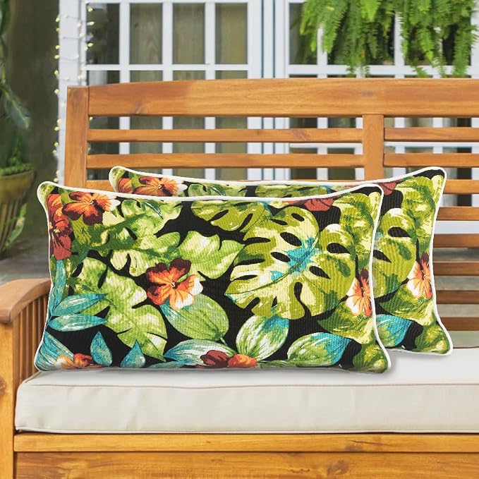 Lumbar Pillow with Insert, Set of 2, Outdoor Indoor Waterproof Decorative Patio Lumbar Pillow 12x20 Inch, Rectangular Cushion for Couch Sofa Garden Farmhouse Decoration-Tropical Green Leaves