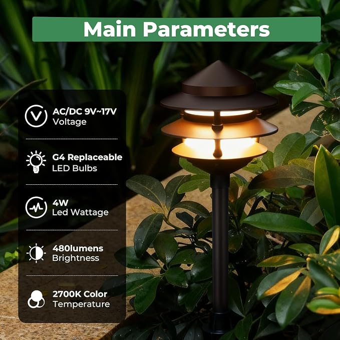 Pagoda Low Voltage Landscape Pathway Lights, 12V Outdoor LED Path Lights Wired, Aluminum Walkway Lighting with 4W 2700K Replaceable G4 Bulb, Bronze Classic 3-Tier Lantern, 6 Pack