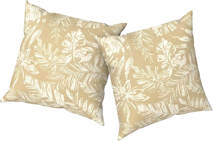 Outdoor Pillows with Insert 16x16 Inch, Waterproof Throw Pillow for Patio Furniture, Decorative Back Cushion for Garden Home Sofa Office Chair, Set of 2, Tropical Leaf Oat