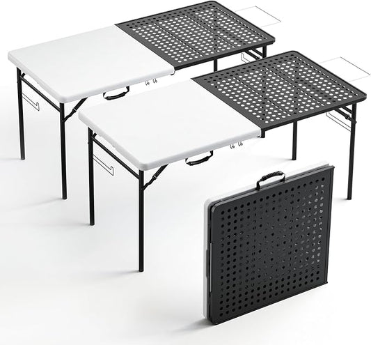 2 Pack 5ft Folding Table for Picnic Camping, Portable Outdoor Table with Metal Grid Grilling Surface, Heavy Duty Foldable Table for Cook Prep,Suitable for Camping, Backyard, Patio and Beach.