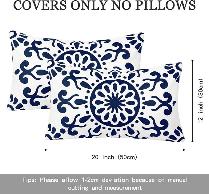 Set of 2 Navy Blue Outdoor Waterproof Pillow Covers 12x20 Inch | Morocco Tile Floral Decorative Throw Pillow Cover, Abstract Boho Outdoor Cushion Cases for Patio Funiture Garden Couch Bench
