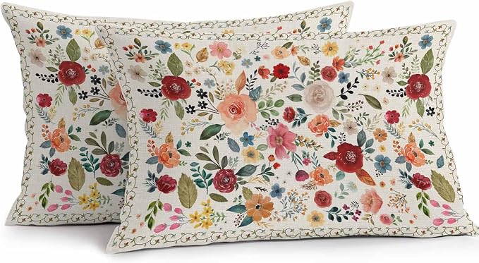 Vandarllin Outdoor Throw Pillows Covers 20x12 inch Set of 2 Waterproof Beige Floral Decorative Zippered Cushion Covers for Patio Furniture, Farmhouse Vintage Flower Lumbar Pillowcases