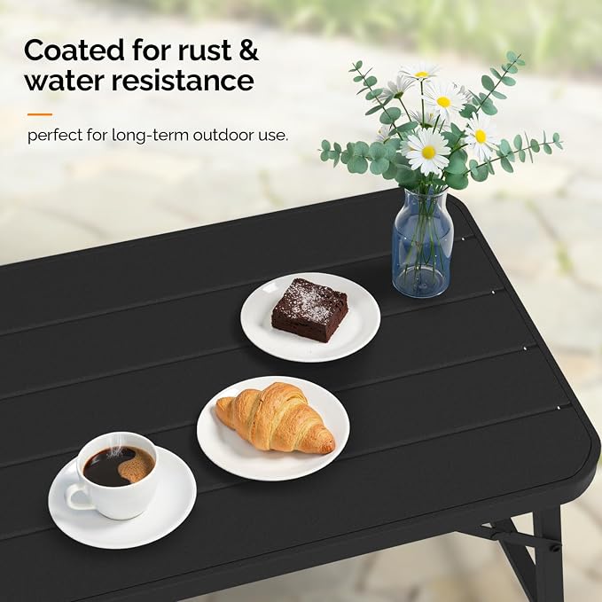VINGLI Outdoor Folding Coffee Table, Rectangle Drainable Iron Patio Table for Balcony, Porch, and Living Room, Black
