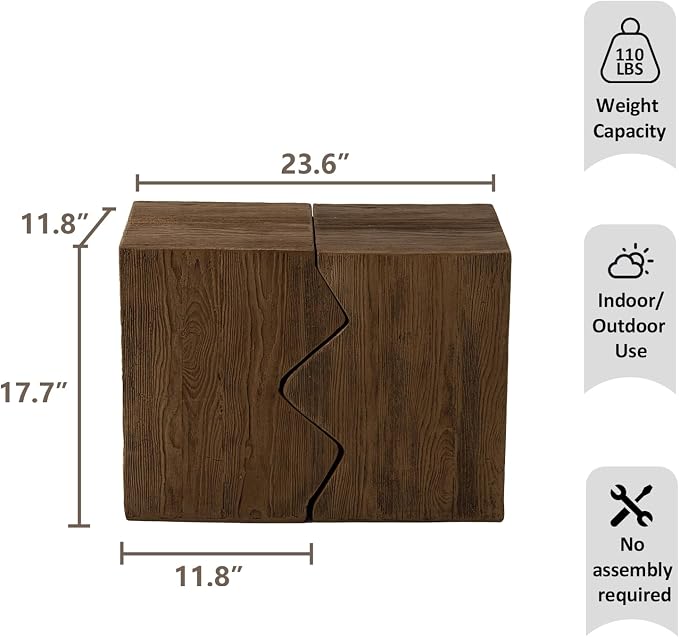 HOMPUS Outdoor Concrete Side Table w Faux Wood, Set of 2 Patio End Table Modern Vintage MgO, Lightweight Functional Combine Accent Table for Indoor Outdoor Use, Garden, Deck, Poolside, Brown