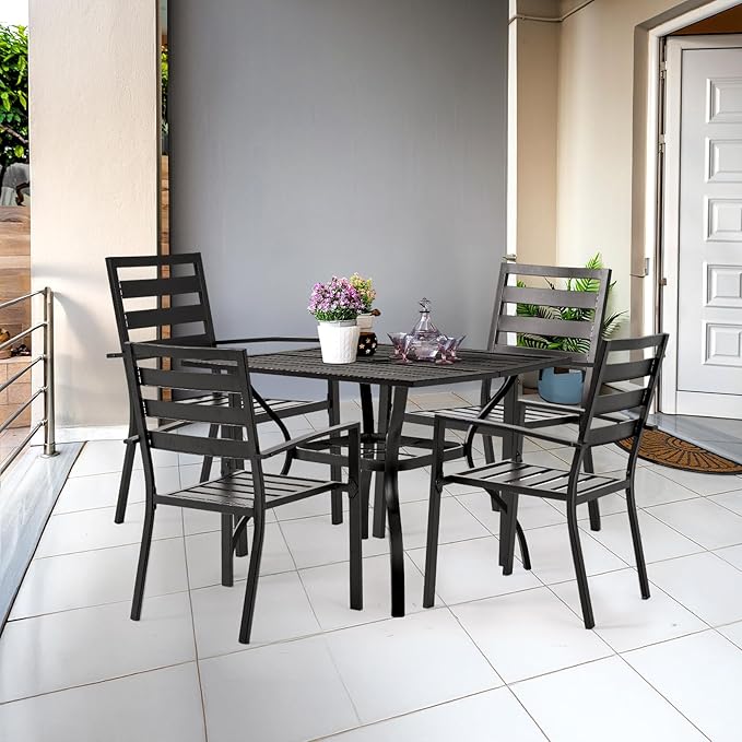 VINGLI 36" Square Patio Table for 4, Metal Outdoor Dining Table with Umbrella Hole, All-Weather Steel Patio Dining Table Outdoor Table for Lawn, Garden, Backyard, Black