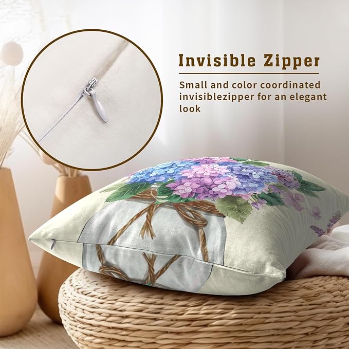 Hydrangea Flower Throw Pillow Cover Set of 2 20x20 Inch Vintage Blue Purple Floral Jar Watercolor Decorative Couch Pillow Cushion Case for Outdoor Patio Living Room Bedroom Decor