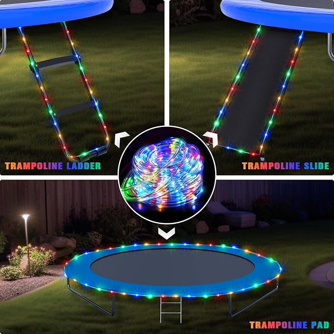 JMEXSUSS Trampoline Accessories 66ft 200 LED Trampoline Lights with 8 Modes | IP 65 Waterproof Solar Rope Lights Outdoor, Solar Patio Lights for Fence Garden Yard Backyard Tree Slide (Multicolor)