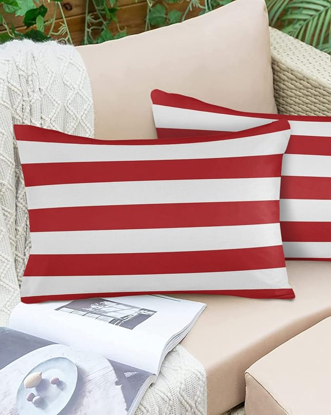 Outdoor Pillows Christmas Stripes Red Waterproof Outdoor Pillow Covers Geometric Red White Polyester Throw Pillow Covers Garden Cushion Decorative Case for Patio Couch Decoration Set of 2