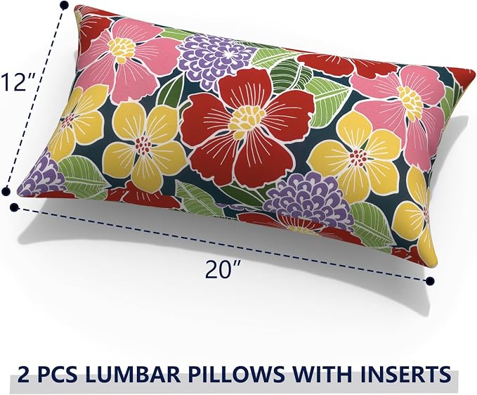 Outdoor Lumbar Pillows with Insert 12x20 Inch, Waterproof Throw Pillow for Patio Furniture, Decorative Lumbar Cushions for Garden Home Sofa Office Chair, Set of 2, Flower Bloom