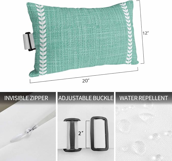 Bohemia Outdoor Lumbar Pillows 12x20 Set of 2, Modern Minimalist Lines Art Teal Waterproof Throw Pillow Covers with Insert, Decorative Support Pillows for Lounge, Chaise