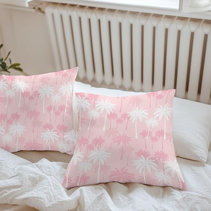 Throw Pillow Covers 24x24 Inch Set of 2, Tropical Palm Tree Waterproof Outdoor Pillow Covers, Pink White Plants Coastal Leaf Beach Decorative Cushion Pillowcases for Couch, Sofa, Bed, Garden, Patio