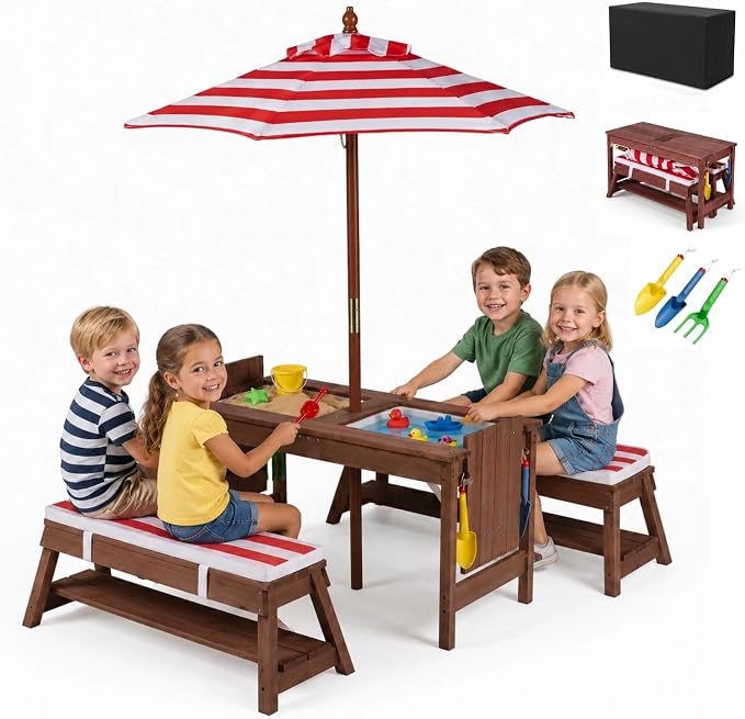 HONEY JOY Kids Picnic Table, 4 in 1 Fir Wood Toddler Sand & Water Table w/Removable Box & Umbrella, Waterproof Cover, Garden Tools, Children Outdoor Table and Bench Set with Cushions (Red)