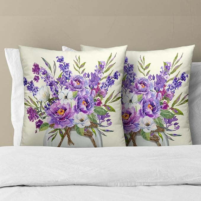 Lavender Flowers Throw Pillow Case 20x20 Set of 2 Purple Blooming Floral Rustic Farmhouse Cotton Linen Square Cushion Cover Decorative Pillowcase for HOM Office Couch Sofa Chair