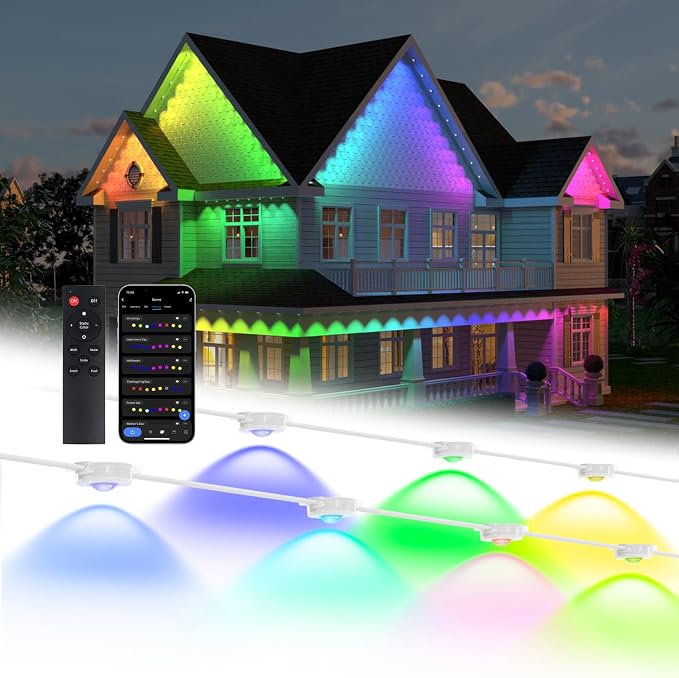 Permanent Outdoor Lights, 100ft with 60 LEDs Smart RGB, 68+ Scene Modes IP66 Waterproof, Alexa/Google Assistant Compatible Holiday Lighting for Christmas Halloween Patio Decor