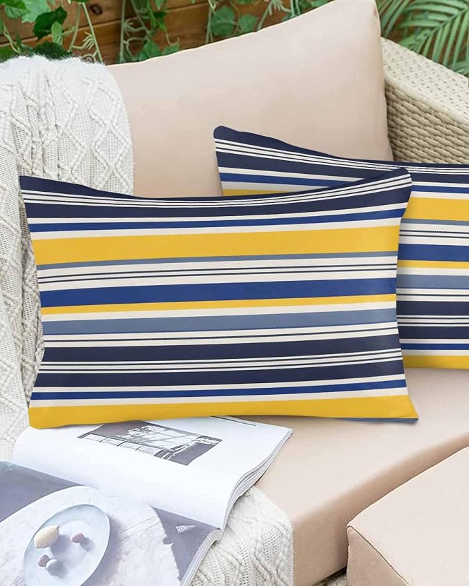 Outdoor Waterproof Throw Pillow Covers Set of 2 Yellow Stripes Lines Lumbar Pillowcases 20x12 Inches Navy Blue Classic Striped Decorative Pillows Cushion Case Patio Pillows for Couch Bed Chair Garden