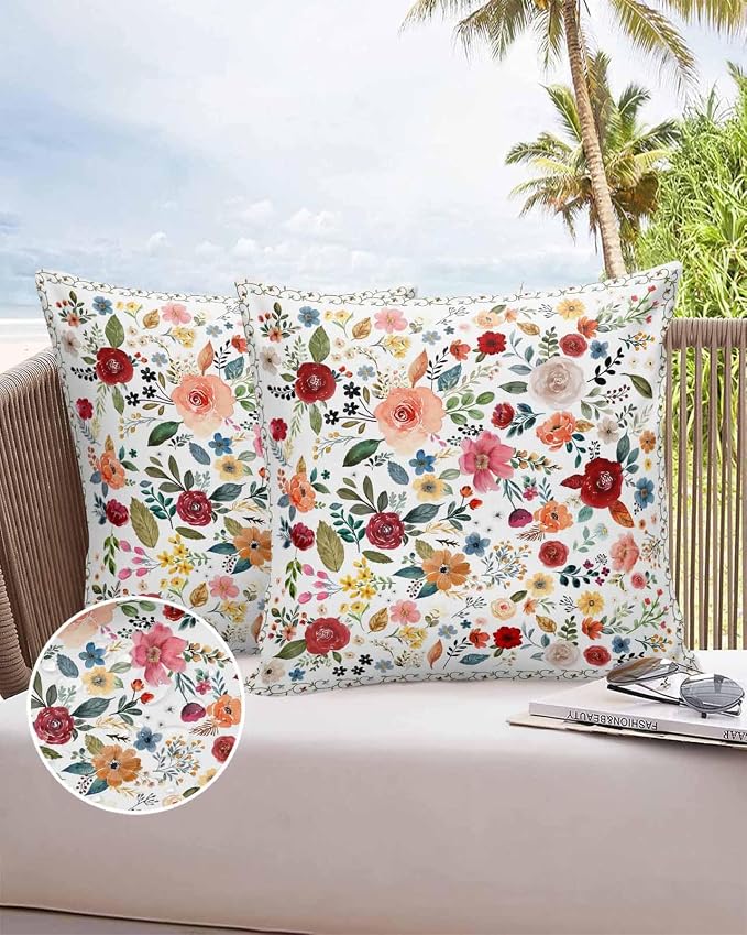 Vandarllin Outdoor Throw Pillows Covers 18x18 inch Set of 2 Waterproof Cream Floral Decorative Zippered Cushion Covers for Patio Furniture, Farmhouse Vintage Flower Lumbar Pillowcases