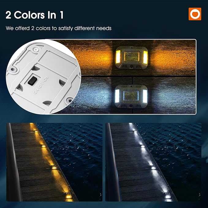addlon Solar Dock Lights Marine 12 Pack, 2CCT Outdoor Driveway Marker Deck Lights, IP67 Waterproof, Solar Powered Deck Light for Pathway Warning Step Sidewalk Patio, Warm White & Cool White, FCC