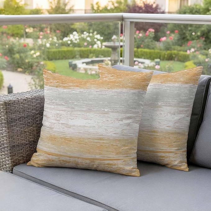 Outdoor Waterproof Throw Pillow Covers, Vintage Orange Grey Decorative Pillow Cases, Farmhouse Barn Wooden Striped Couch Pillow Protector Patio Sofa Cushion Covers Replacement 26"x26" 2 Pack