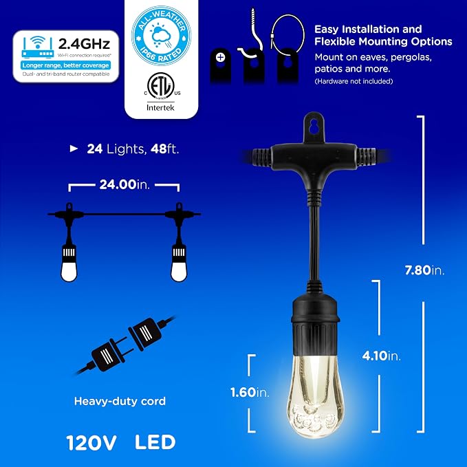 Enbrighten Vintage Outdoor String Lights, 48ft, 24 Bulbs, Smart | RGBWIC LEDs, Weatherproof, Shatterproof Acrylic Bulbs, Linkable up to 750ft, App Control, Works with Alexa & Google Home
