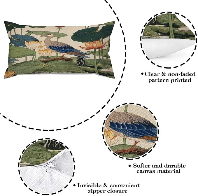 Zipped Pillow Cases for Home Decor Chinese Pond Bird Throw Pillow Cover Set of 2 Farmhouse Cushion Cover Cases for Living Room Club Home Decor 12x24in
