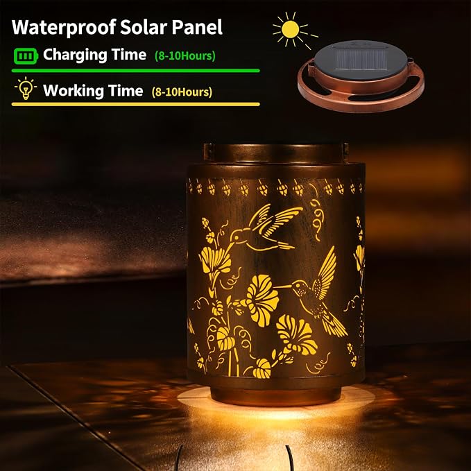 Solar Lanterns Outdoor Waterproof Garden Decor Gifts for Women Mon | Metal Hanging Solar Lights Decoration for Outside LED Lanterns for Yard Patio Lawn Pathway（Hummingbirds）