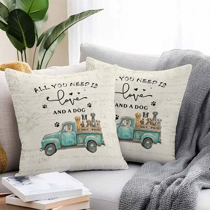 Cartoon Animal Outdoor Pillow Covers Set of 2, Vintage Teal Truck with Pet Dog Puppy Decorative Waterproof Throw Pillowcase Retro Beige Cotton Linen Soft Cozy Cushion Cover Pillowsham 16x16In