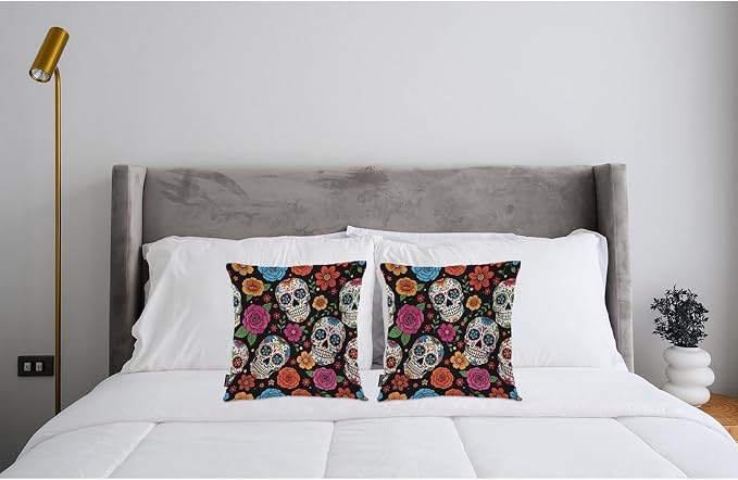 Swono Day of The Dead Throw Pillow Covers, Mexican Sugar Skulls Flowers Skeleton Set of 2 Pillow Cases Decorative 18 X 18 Inches Soft Cushion Cover Pillowcases for Bedroom Living Room Cushion Sofa