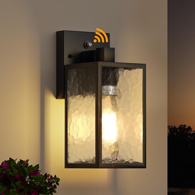 Dusk to Dawn Exterior Lighting Fixtures Outdoor Porch Light Wall Sconce | 10.65 inch, Anti-Rust Metal Frame, Tempered Glass, E26 Base, Waterproof, Sensor Wall Lantern for Patio, Garage, Entryway