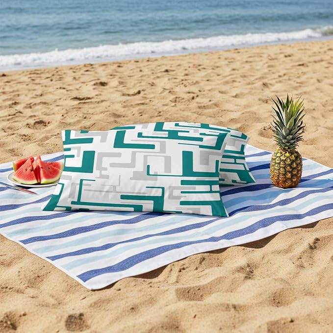 Vandarllin Outdoor Throw Pillows Covers 20x12 inch Set of 2 Waterproof Turquoise Geometric Stripes Decorative Zippered Cushion Covers for Patio Furniture, Modern Abstract Lines Lumbar Pillowcases