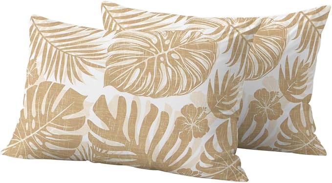 Khaki Palm Leaves Outdoor Pillow Covers 20"x12" Set of 2, Tropical Botanical Minimalist Modern Waterproof Throw Pillow Covers for Patio Furniture, Decorative Cushion Covers for Porch