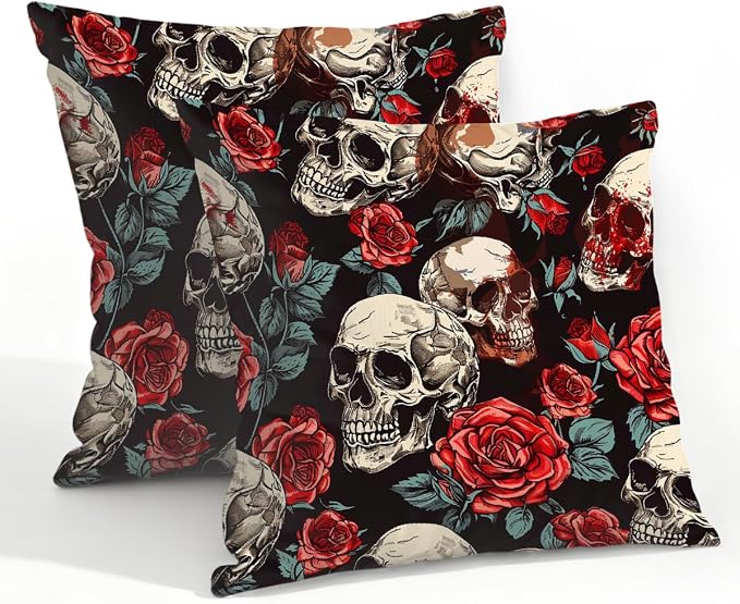 22x22 Inch Outdoor Pillow Covers Set of 2 Waterproof Throw Pillow Covers Decorative Couch Cushion Covers Floral Rose Skull Square Pillowcases Protectors for Patio Garden Sofa