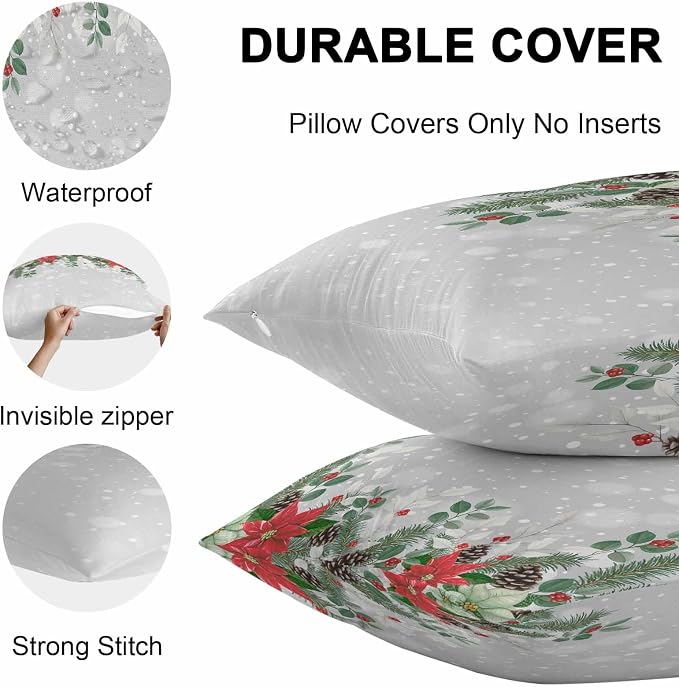 Outdoor Throw Pillow Covers, Christmas Poinsettia Flower Pine Cones Eucalyptus Leaf Winter Snowflake Gray Waterproof Pillowcases Cushion Covers Cases for Patio Couch Bench, Pack of 2 Square, 18"X18"