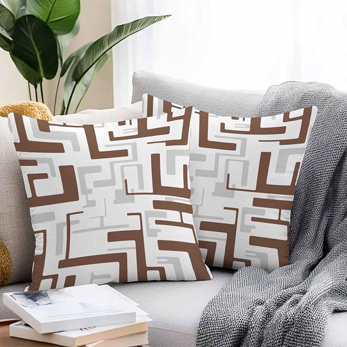 Vandarllin Outdoor Throw Pillows Covers 18x18 inch Set of 2 Waterproof Brown Geometric Stripes Decorative Zippered Cushion Covers for Patio Furniture, Modern Abstract Lines Lumbar Pillowcases