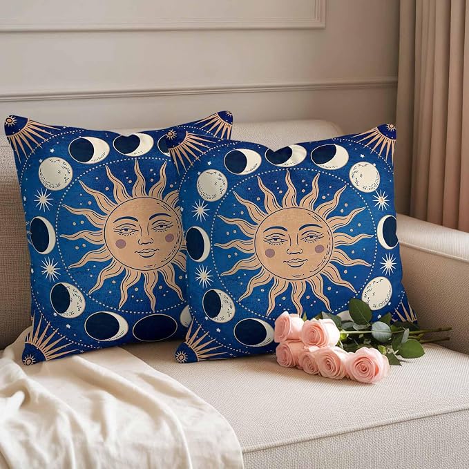 Celestial Sun and Moon Waterproof Outdoor Pillow Covers Set of 2 Home Decor, Blue Starry Galaxy Boho Pillowcase Patio Pillow Covers for Couch Bench Patio Furniture Garden 18x18in