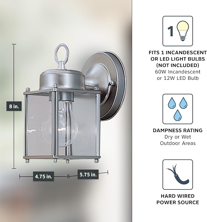 DESIGNERS FOUNTAIN Preston Outdoor Light Fixture, 8 Inch Exterior Wall Lantern Sconce for Front Door, Patio and Porch, Pewter, 1161-PW