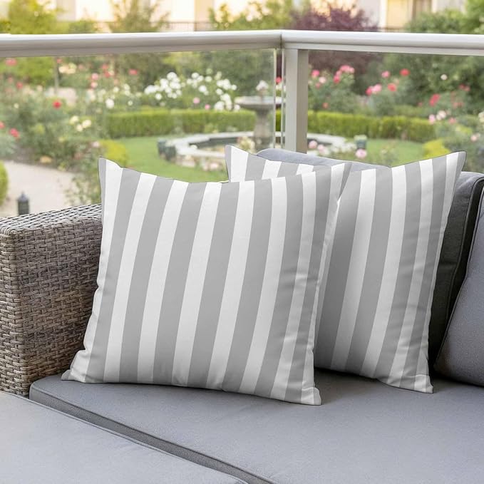 Grey Striped Outdoor Waterproof Throw Pillow Covers 18x18 Set of 2, Modern Farmhouse Gray White Stripes Decorative Pillowcases Cushion Pillowcase for Couch Sofa Patio Outside Pillow Protector