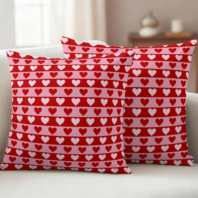 Outdoor Waterproof Throw Pillow Covers, Valentine's Day Decorative Pillow Cases, Romantic Pink Red Love Heart Stripes Couch Pillow Protector Patio Sofa Cushion Covers Replacement 24"x24" 2 Pack